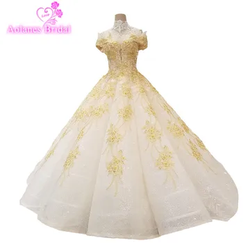 

2018 Gold Lace Champagne Tulle Sleeveless Scoop Bridal Gowns Floor-length Backless Ball Gown Cap Sleeve Illusion Wedding Dresses