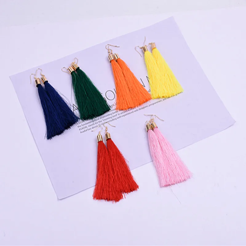 

13 Colors Bohemian Crystal Tassel Earrings Drop Paragraph Silk Fabric Pendant Tassel Earrings for Female Long