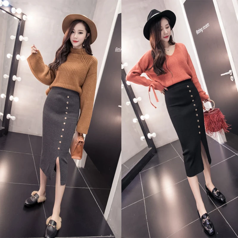 ATKULLQZ НОВАЯ Трикотажная шерстяная юбка бедра юбка темперамент Высокая талия была тонкая перед юбка с v-образным разрезом Женская длинная секция