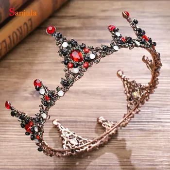 

2020 Vintage Style Round Crowns For Brides Black Beads Red Rhinestones Wedding Tiaras Marriage Head AccessoryT075