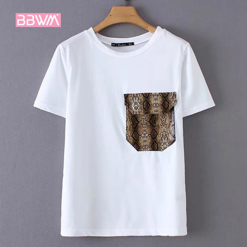 

Casual slim short-sleeved round neck snake stitching T-shirt women's bottoming shirt White top
