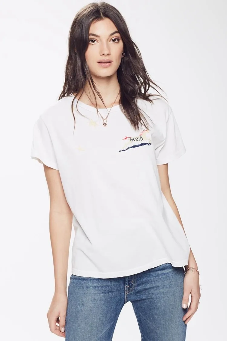 

Spring and Summer New Wild Horse Embroidery Vintage White Cotton Round Neck Short-sleeved Women T-shirt