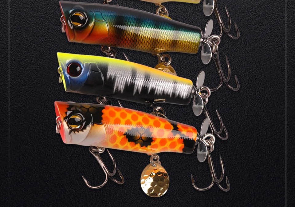 TAF Quality Popper Fishing Lure 7cm 12.2g 6 Colors Artificial Hard Bait with Sequin Wobblers VMC Treble HooksABS Plastic Lure