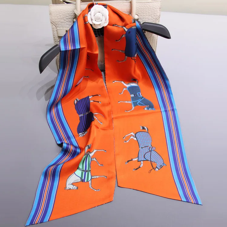 Шарф с рисунком лошади для Женская лента шейный платок оранжевый для сумки шапка повязка для волос Роскошный бренд 160*20 см - Цвет: Оранжевый