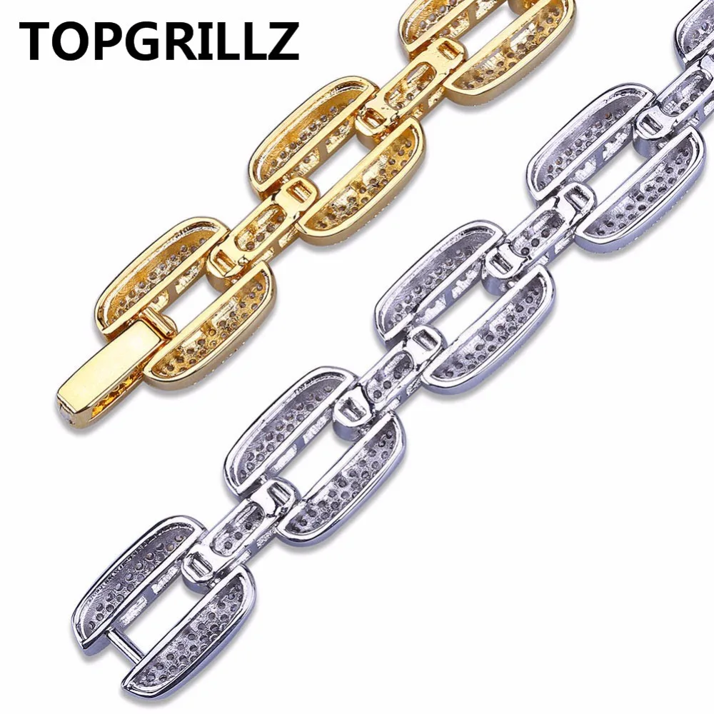TOPGRILLZ Hip Hop Gold/Silver Color Iced Out Micro Pave CZ Stone Bracelet Copper Cuban Chain Link 15mm Bracelets 20.5cm Long