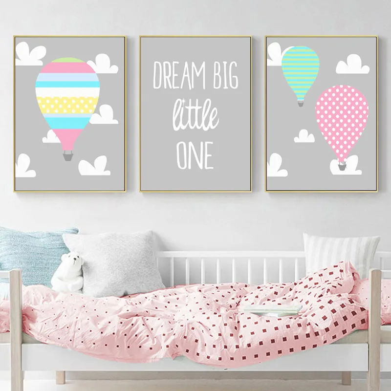 

Colorful Canvas Painting Hot Air Balloon Wall Art Dream Big Little One Posters and Grey Prints Pictures Bedroom Girls Room Decor
