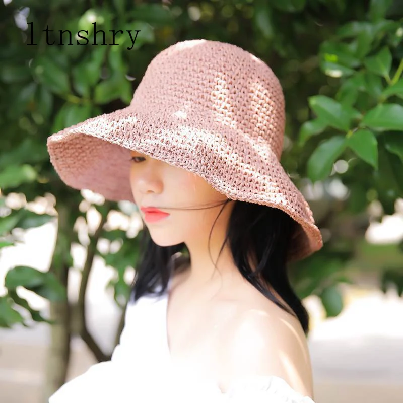 

2019 Summer Beach Sun Hats For Women Female Simple Panama Wide Brim Foldable Bucket Cap Straw Hat Fashionable Outdoor Leisure