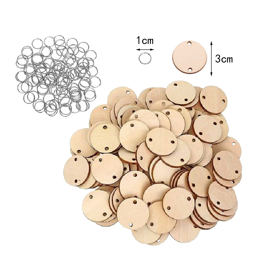 100 шт Круглые деревянные диски с отверстиями календарь бирка напоминание запись деревянный чип день рождения бирки из дерева и 100 шт железные кольца