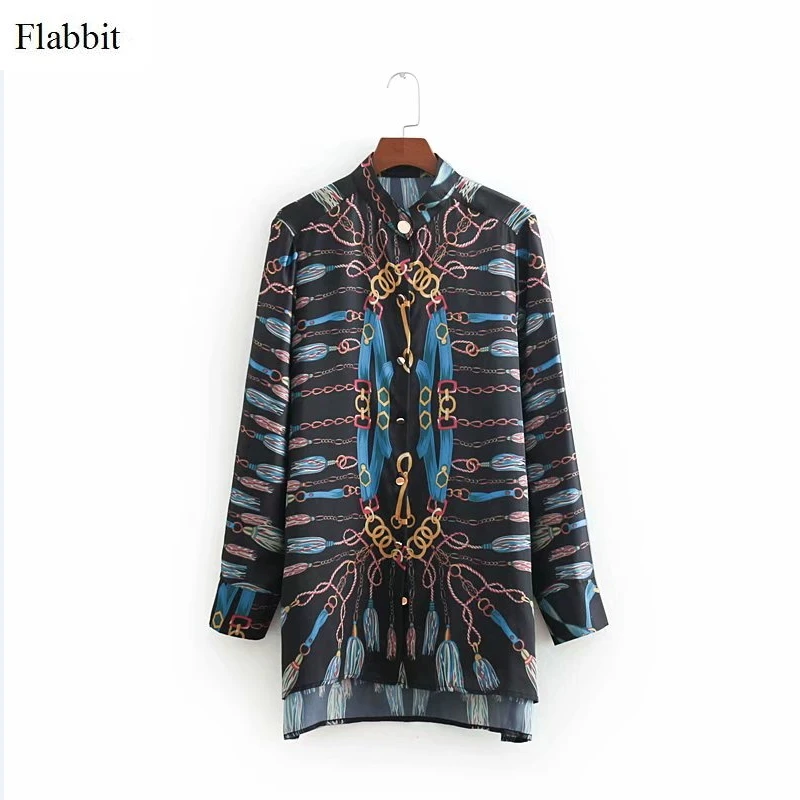 

Flabbit women vintage elegant chain printing casual smock blouse ladies long sleeve retro court shirt chic blusas tops LX0377