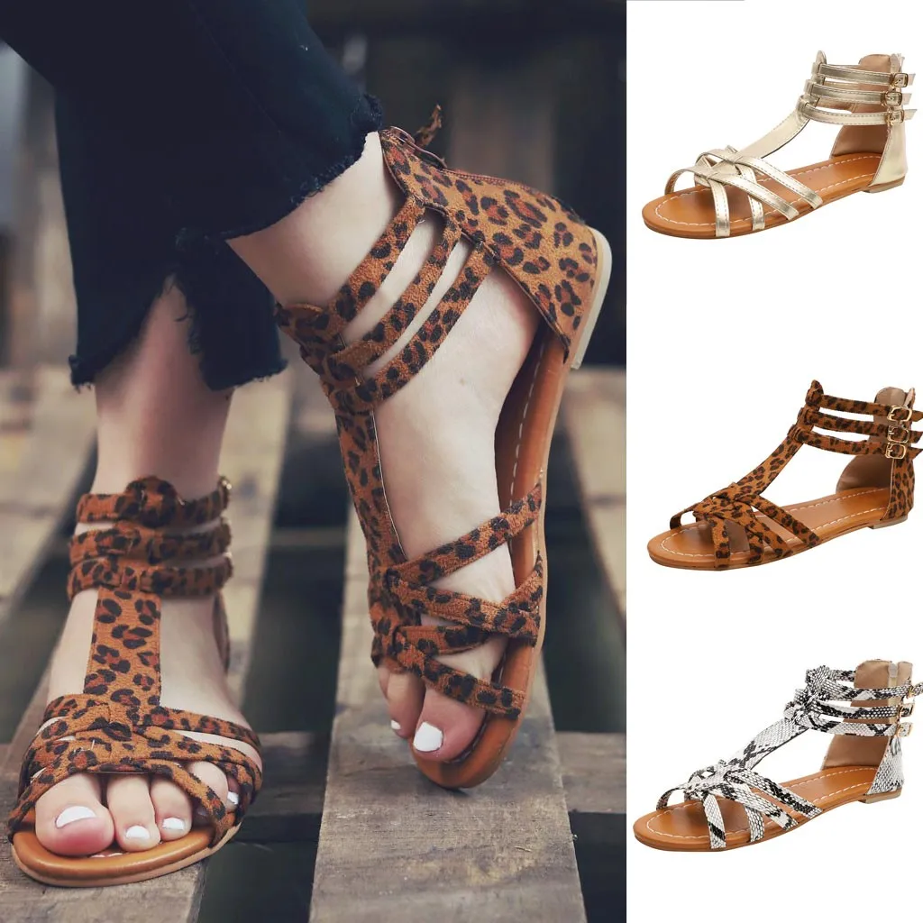 

YOUYEDIAN Women Summer 2019 casual Fashion Sandals Buckle Strap Flat Leopard Retro Peep Toe Buckle Sandals zapatos de mujer