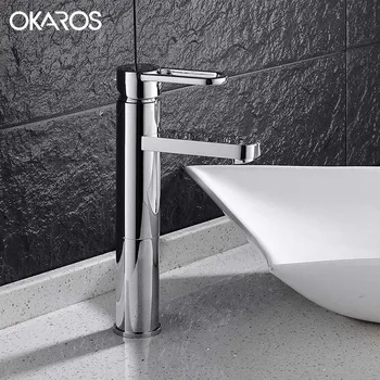 

OKAROS Contemporary Bathroom Basin Faucet Heighten Chrome Finish Solid Brass Single Handle Hot Cold Water Tap Mixer Torneira