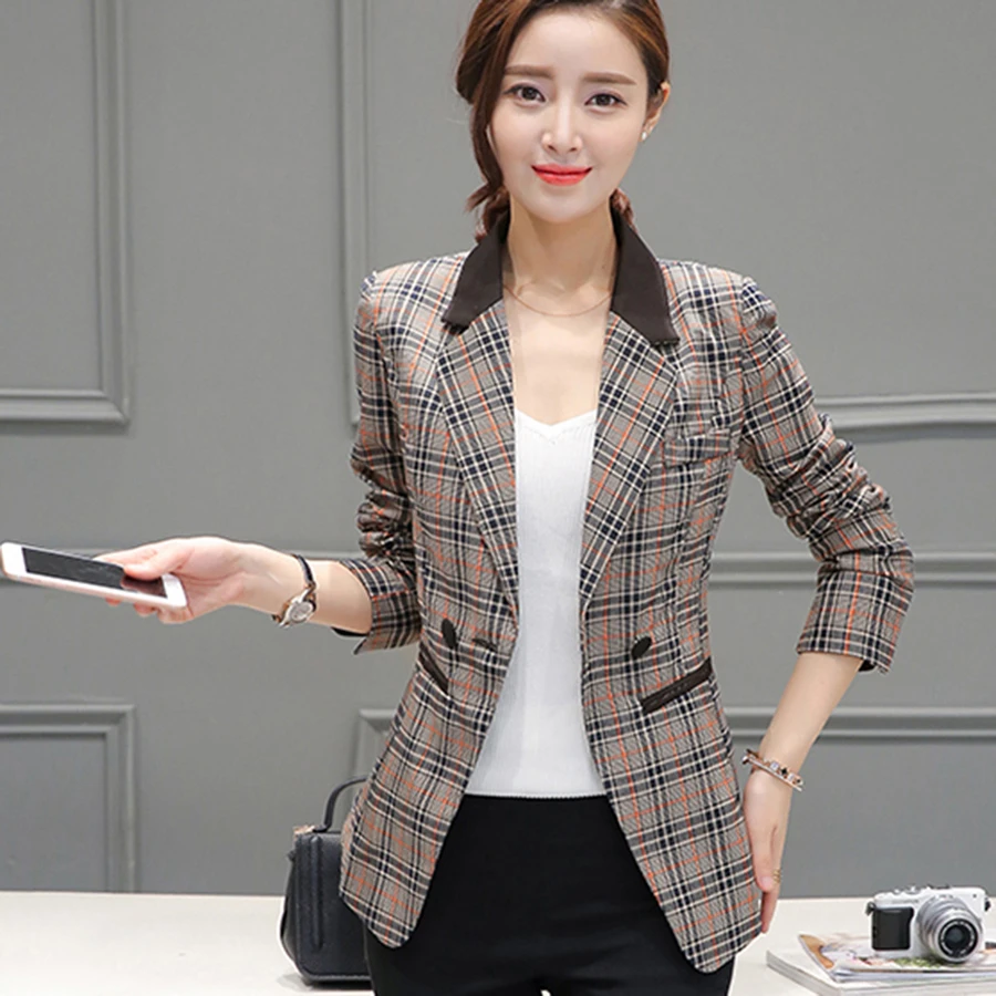 Slim Vintage Plaid Blazer Women Plus Size Female Office
