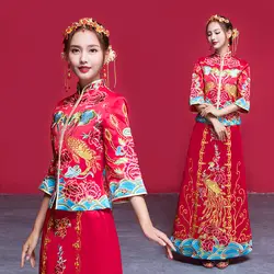 Классический Павлин Вышивка Cheongsam Восточный стиль леди по щиколотку свадебное платье древняя королевская невеста Брак Qipao Костюм