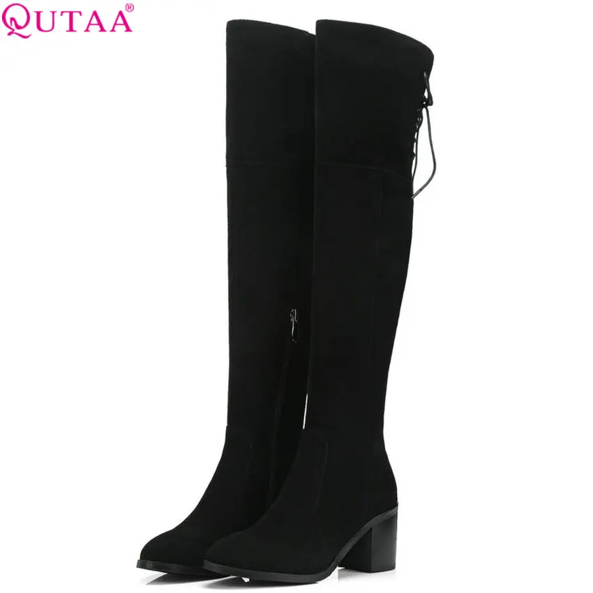 2019 Plate Grand Carré Noir D'hiver Haut Talon Genou Le 39 forme Taille Chaussures Mode 34 Bottes Sur Qutaa Suède De Femmes Vache dqdTZ1P