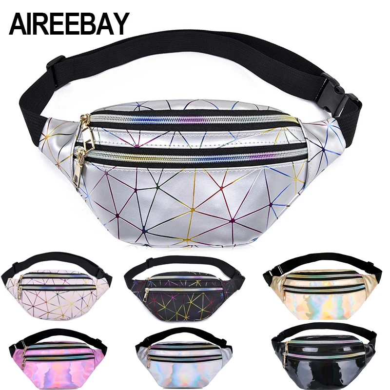 AIREEBAY Holographic Waist Bags Women Silver Fanny Pack Female Belt Bag Black Geometric Waist Packs Laser Chest Phone Pouch