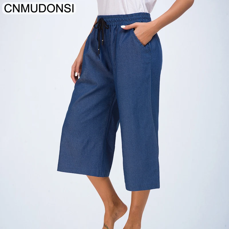 

CNNMUDONSI 2019 fashion denim classic wide leg jeans women calf length pants plus size ladies boyfriend femme baggy trouser blue