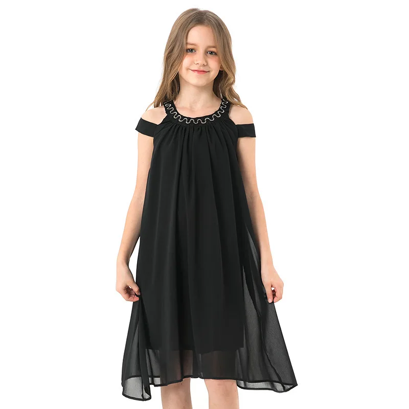 

Black Solid Chiffon Off Shoulder Mesh Screen Girl Princess A-Line Beach England Style Sleeveless Teenage Dress 6 8 10 12 14 year