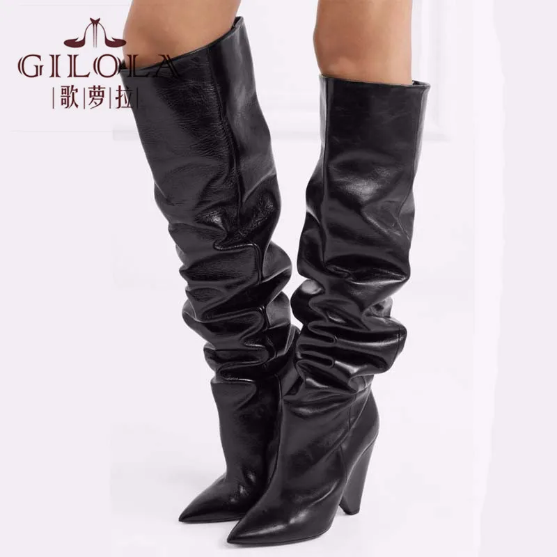 

High Heels Knee High Boots Motorcycle Long Winter Women Boots Platform Thick Heels Women Shoes Warm Slip On #Y0116145Q