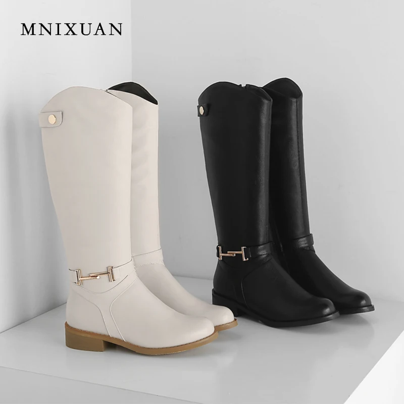 

MNIXUAN handmade shoes leather women boots winter 2018 new round toe cowhide knee-high boots with zipper military boots black
