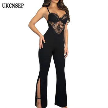 

UKCNSEP New Sexy Women Bandage Jumpsuit Straps Front Lace Patchwork Bodycon Celebrity Party Bodysuits Elegant Women Jumpsuit