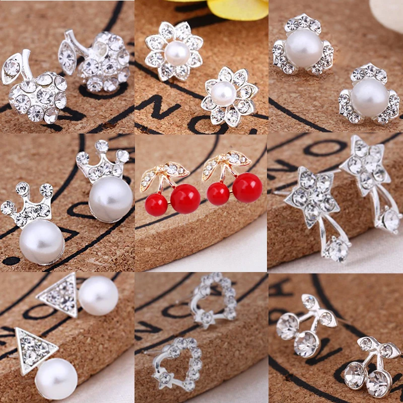 New Fashion Exquisite Stud Earrings Cute Cherry Star Crown Crystal Imitation Pearl For Women Piercing Jewelry Brincos Gift