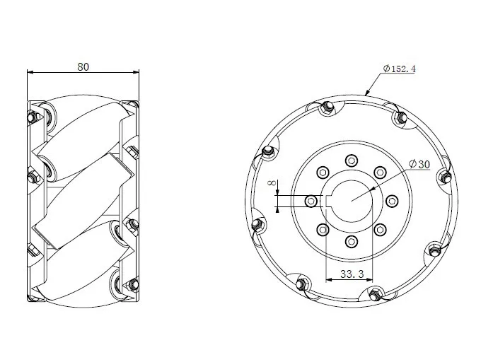 Um conjunto de 6 polegada(152 мм) mecanum roda PU rolo(cacipity carga 300 кг) NM152A