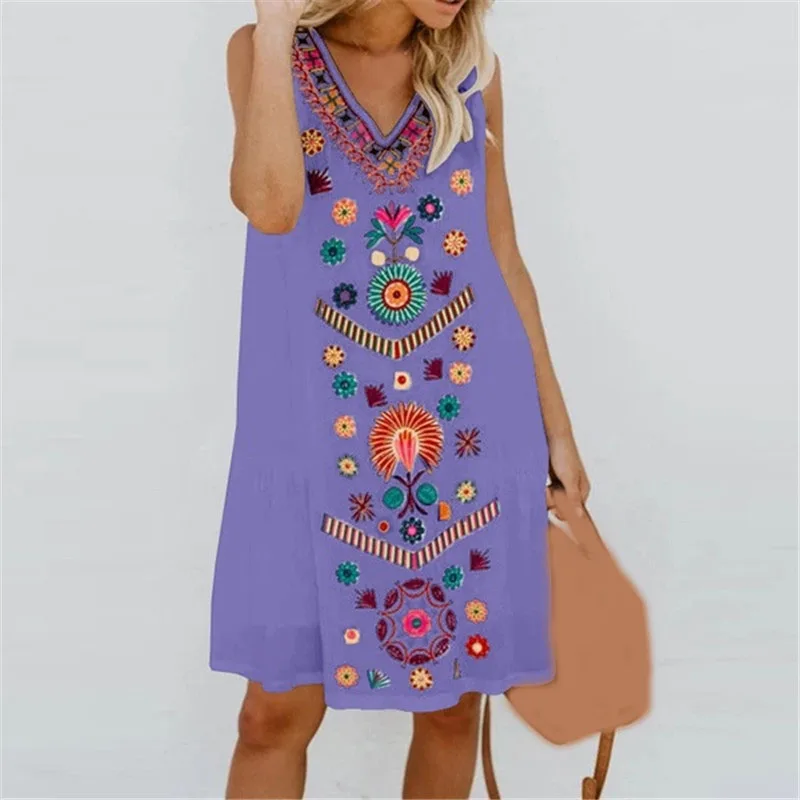 

2019 Summer Women Tank Dress Loose Print Boho Dress Bohemian V-Neck Sleeveless Mini Dress
