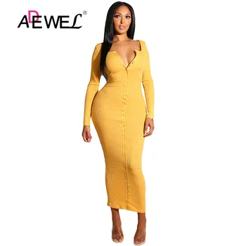 ADEWEL 2018 Sexy Yellow Long Sleeve Bodycon Party Maxi Dress Women Casual Slim Snap Button Ribbed Ankle Length Long Dress