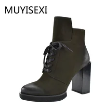 

New Fashion 10cm Square High Heel Platform Boots Women Lace Up Warm Plush Russian Winter Boots Black Green HF015 MUYISEXI