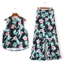 Комплект для женщин, летний стиль, Повседневная рубашка без рукавов+ широкие брюки с высокой талией, модный костюм из двух предметов с принтом