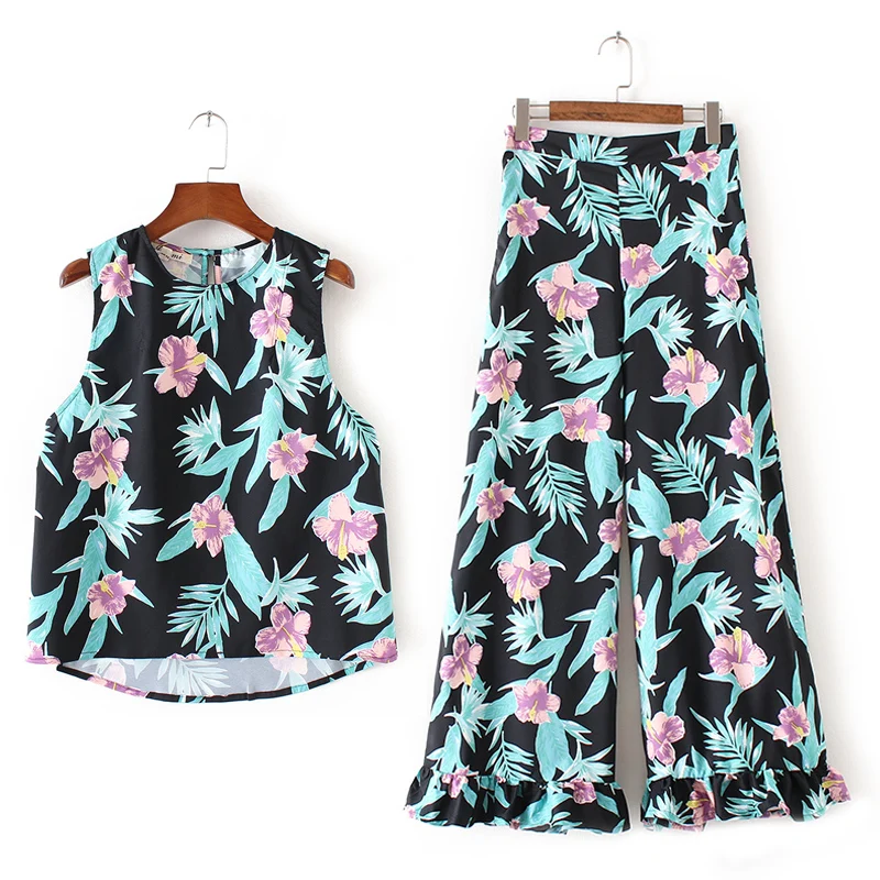 

Set female 2018 summer new style temperament casual sleeveless shirt + high waist wide leg pants fashion printing two-piece suit