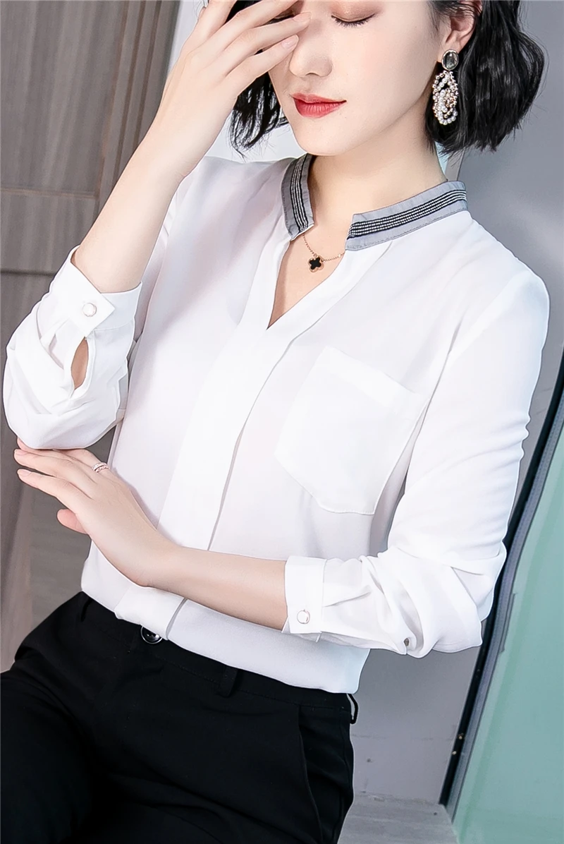 2019 New Fashion Women Shirts Full Sleeve Chiffon V-Neck Professional Blouse Shirt White Black 1615