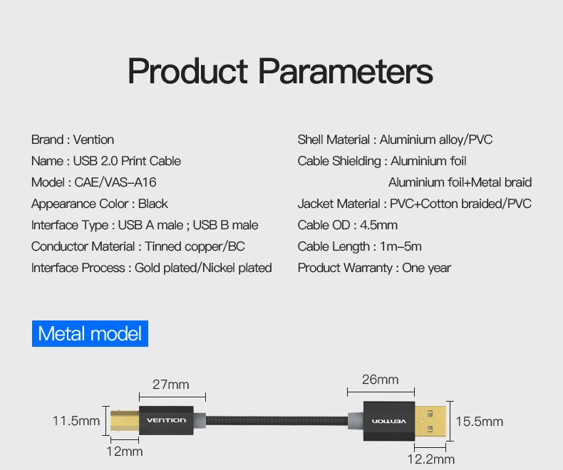 Vention позолоченный USB кабель USB для принтера Тип B папа-папа USB2.0 кабель для Canon Epson hp ZJiang принтер этикеток DAC USB принтер