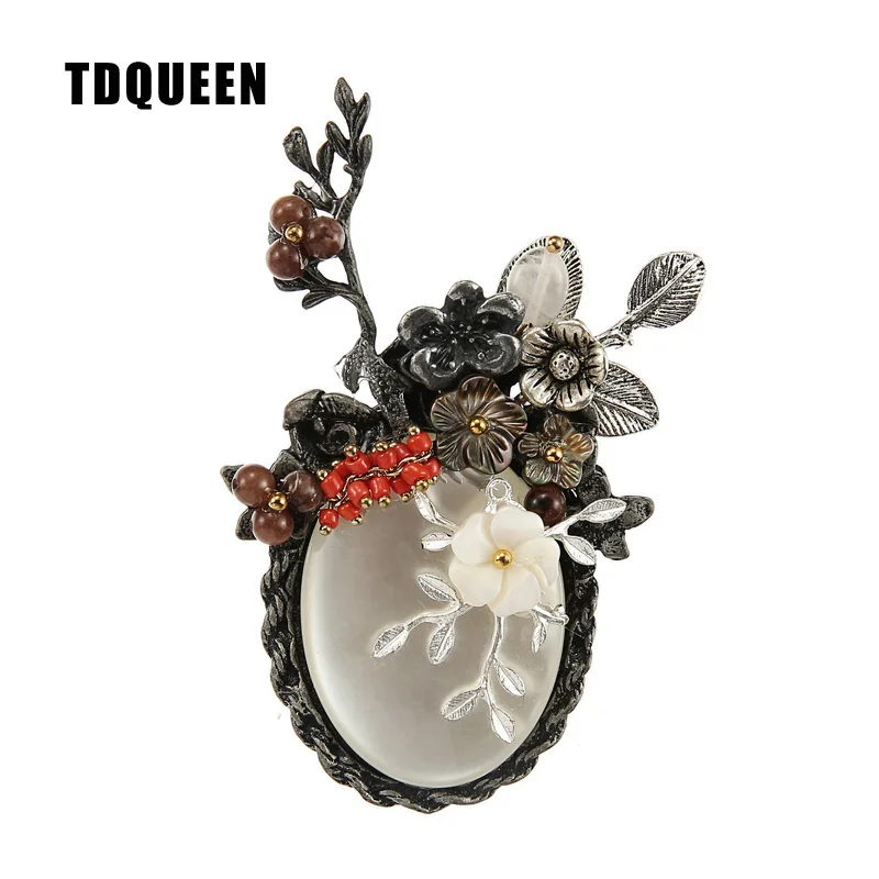 

TDQUEEN Antique Silver Plated Metal Flower Brooch Large Oval Round Stone Natural Shell Flower Luxury Brooch Pin Jewelry