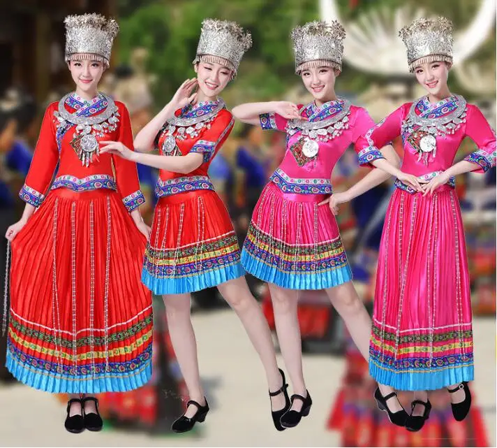 Новая танцевальная одежда Мяо красная плиссированная юбка Tujia танцевальные костюмы