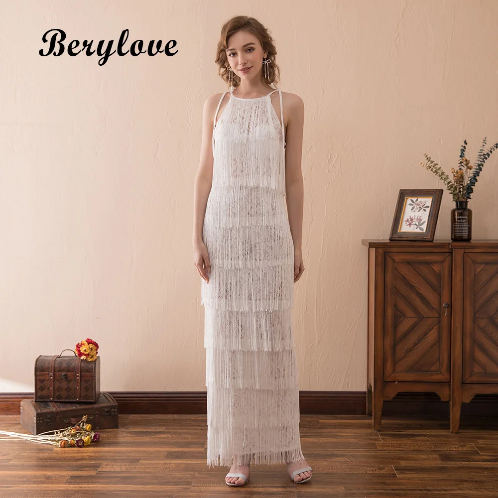BeryLove Long White Lace Evening Dresses 2018 Straight Tassel Evening Gowns Prom Party Dresses