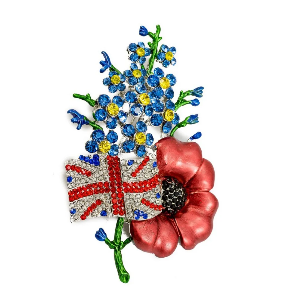 UK Jack Union Flag Red Poppy Brooch with Me Not Flower Large
