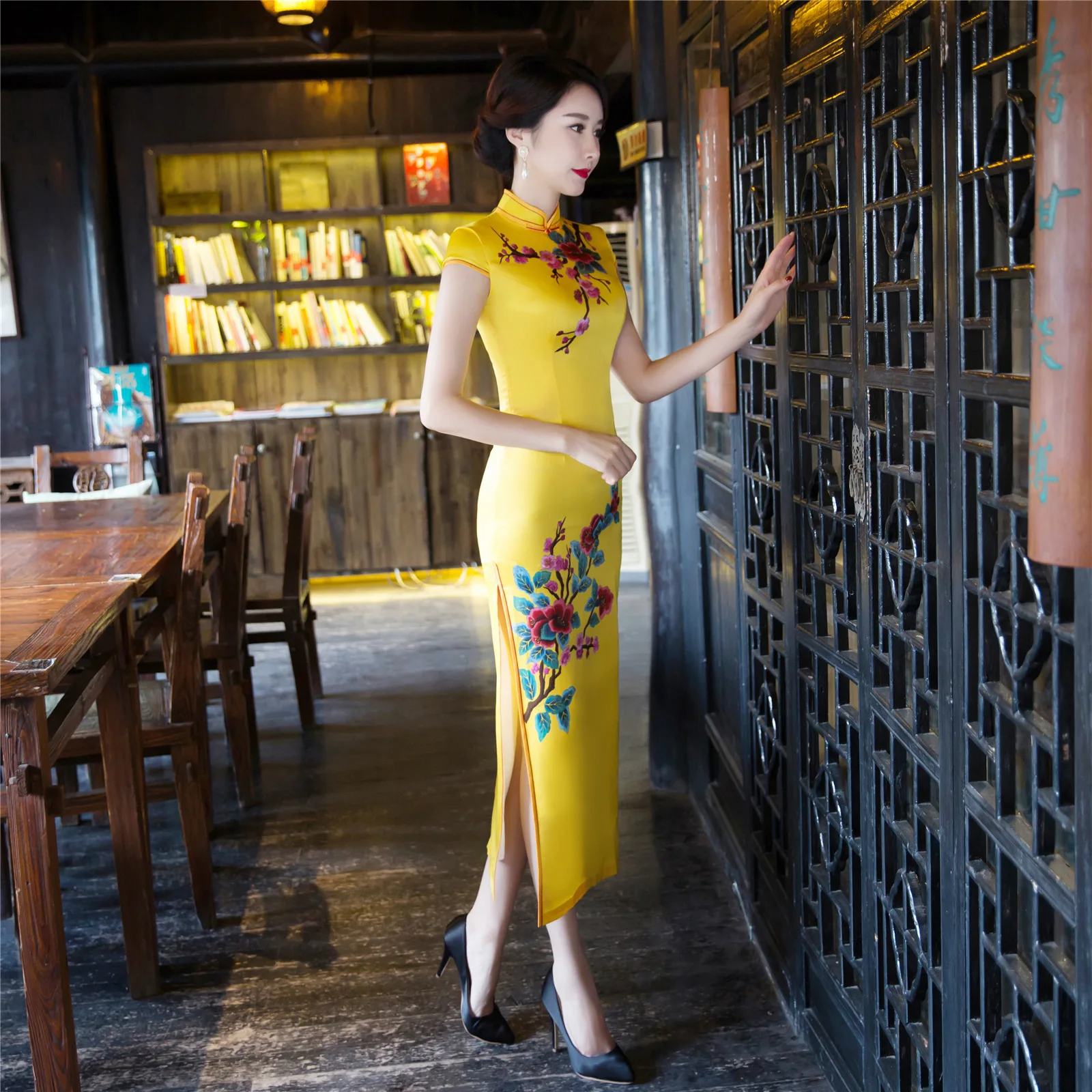 Длинное современное платье qipao Элегантное Шелковое Платье Ципао с длинным