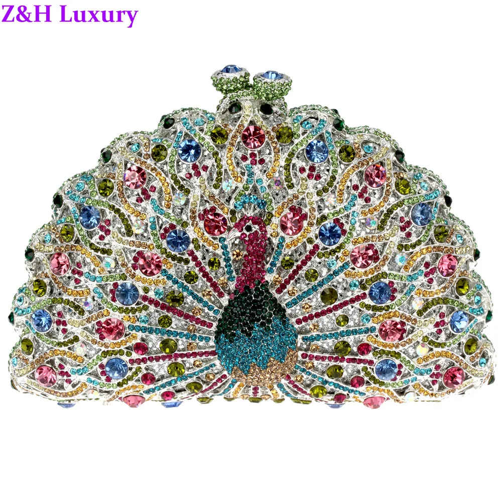 

Gift Box New Colors Ladies Holiday Clutch Peacock Metal Handbag Platinum Plated Shoulder Chain  Spare Crystals