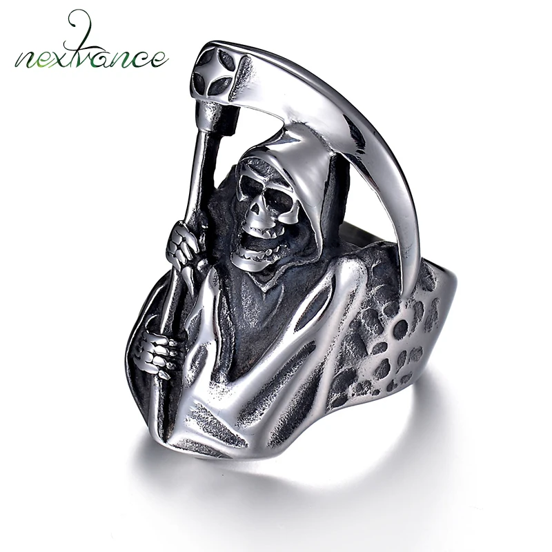 

Nextvance Stainless Steel Hell Death Grim Reaper Ring Retro Biker Male Skull Skeleton Rings For Halloween Gift