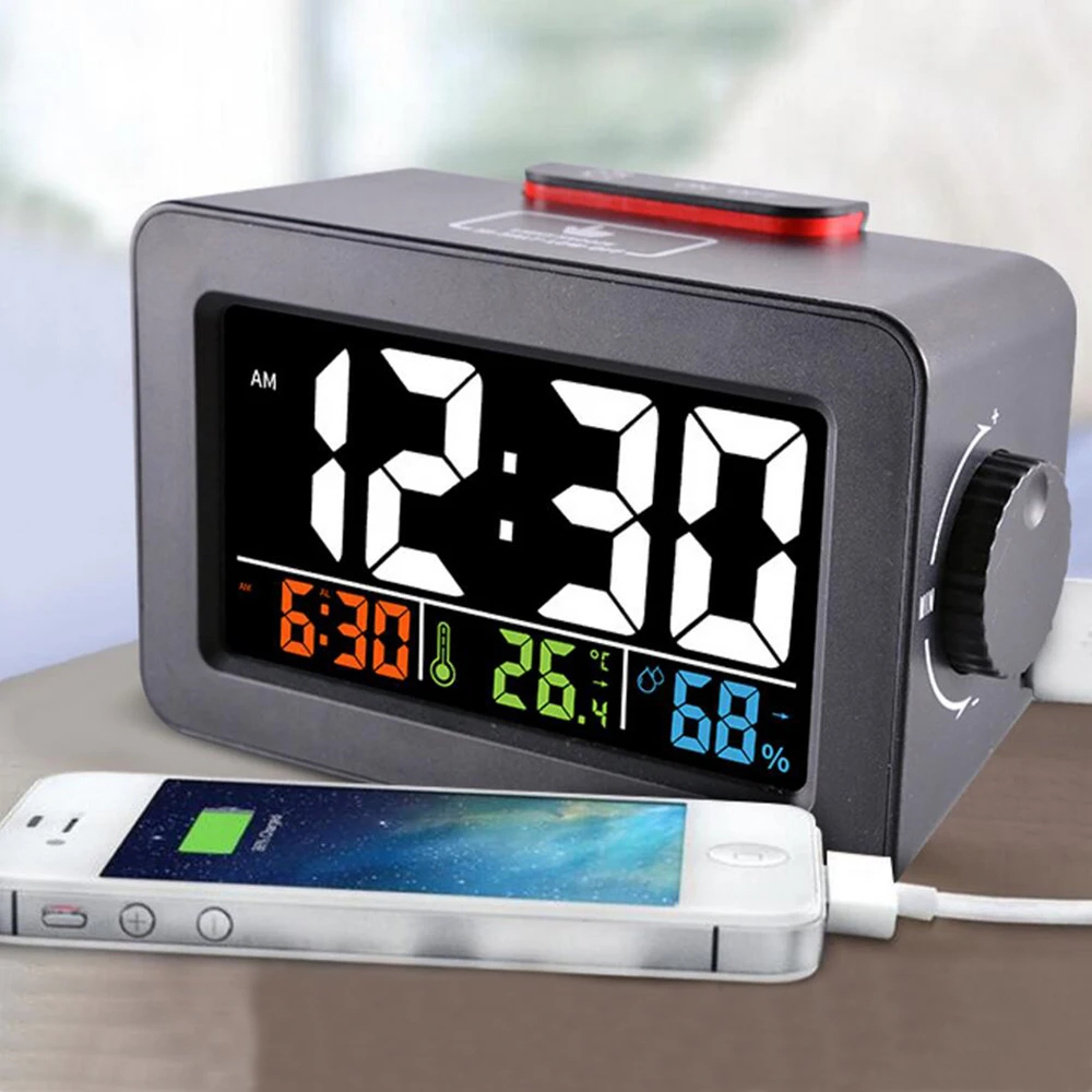 Online Regalo Idea despertador Digital con termómetro higrómetro humedad temperatura reloj de mesa escritorio cargador de teléfono
