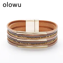Бренд olowu новые модные многослойные кожаные браслеты и браслеты с металлической пряжкой браслеты со стразами женские цвета хаки