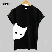 GTZM Cat Looking Out Side Printing Plus Size Women Tshirt Cotton Casual Funny T Shirt For Womens Summer Clothing Slim T-shirt