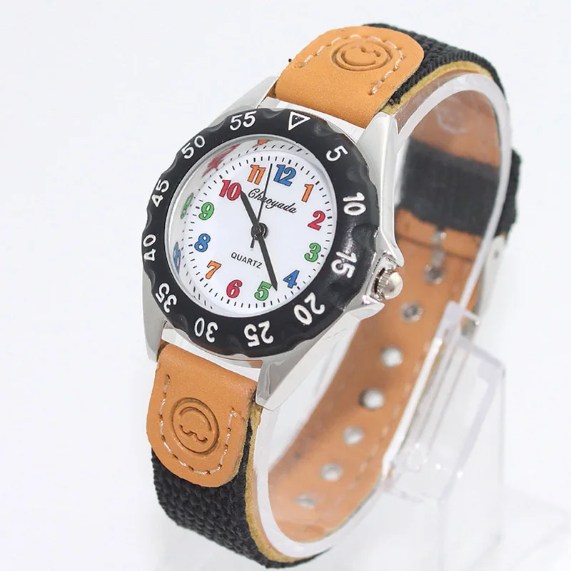 Милые кварцевые часы для мальчиков и девочек, детские часы с нейлоновым ремешком, Обучающие часы, наручные часы, подарки, красочные часы с цифрами - Цвет: Black