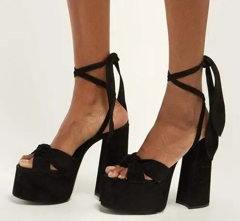 

2019 Summer New Brand Woman Black Brown Red Suede Open Toe Butterfly Know Lace Up Ankle Square Heel Platform High Heel Sandals