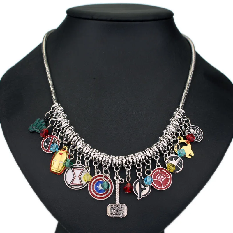 

dongsheng Marvel Avengers Captain America Iron Man Mask Thor's Hammer Eagle Deadpool Hulk Crystal Beads Choker Necklace -30
