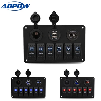 

6 Gang LED Car Boat Rocker Switch Panel Dual USB Cigarette Lighter Socket Voltmeter Auto Car Switche Panel LED Boat Switch Panel