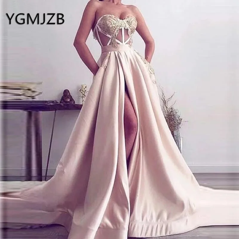 

gala jurken 2019 Long Prom Dresses with Pockets A-Line Sweetheart High Slit Appliques Sexy Backless Women Formal Party Dress