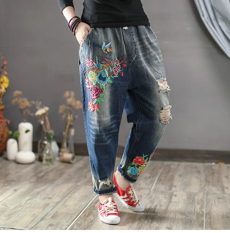 Hip hop streetwear swag Ripped denim pants Plus Size Embroidered Loose