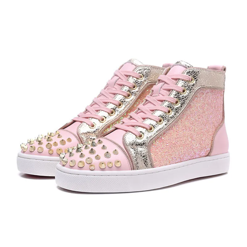 

Women Shoes Pink Glitter Blingbling Sneakers Women Luxury Spikes Casual Shoes Sliver High Top Platform Shoes Casual Shoes Woman